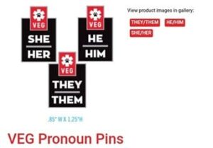 VEG pronoun pins for employee scrubs