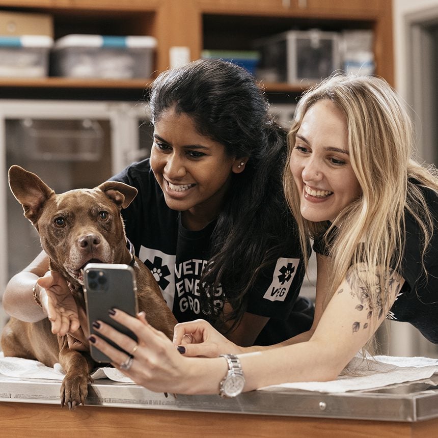 Vet Techs Taking Photo With Dog